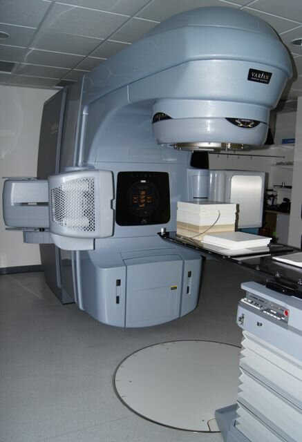 A linear accelerator set up for quality assurance measurements.